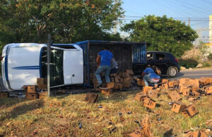 Camión sufre volcadura con 200 cartones de cerveza en el Periférico de Mérida
